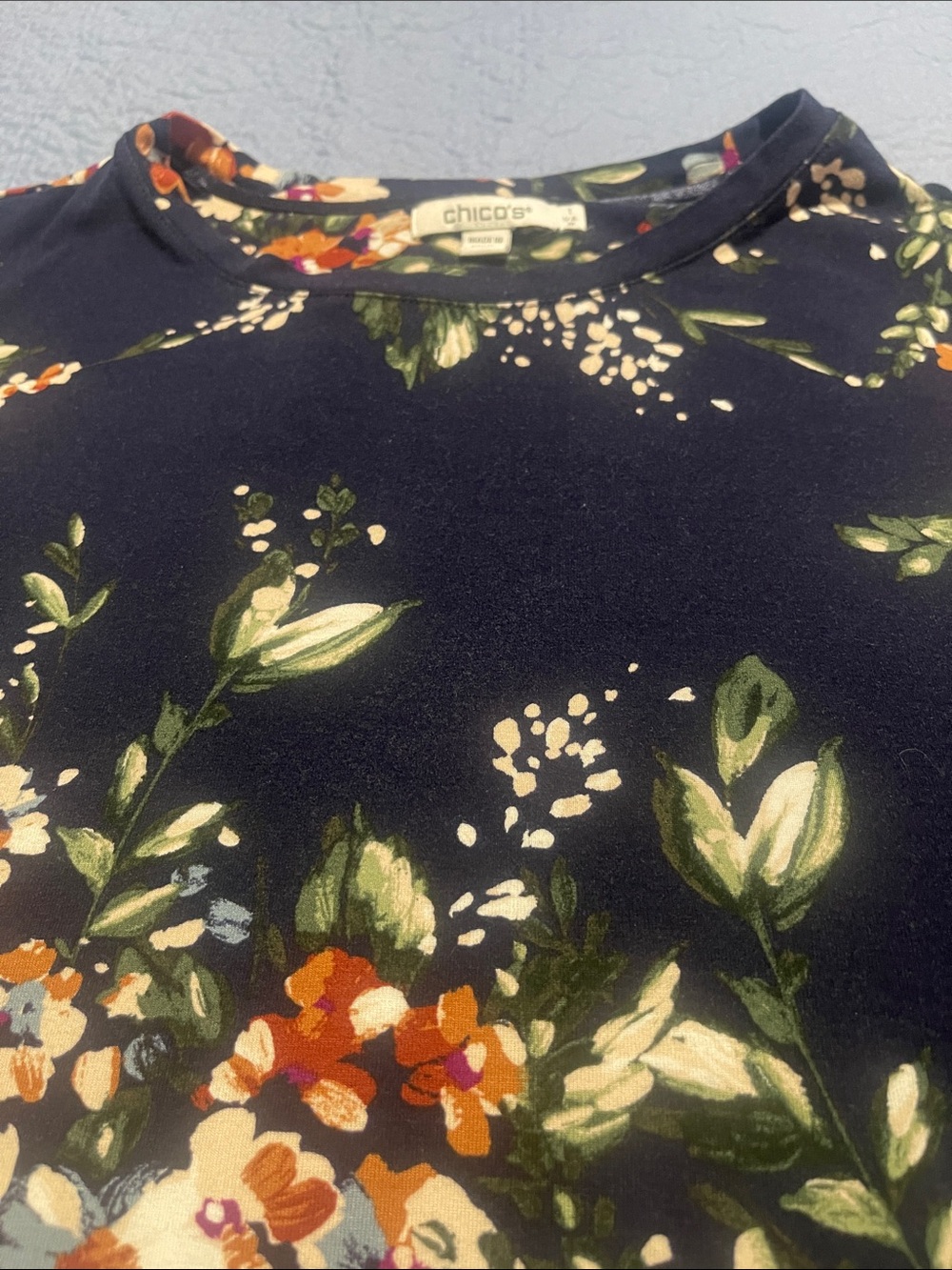 Chico's Navy Floral Crewneck Top long sleeve